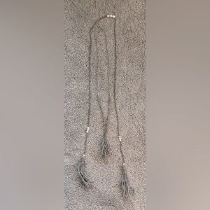 Grey leather two necklaces with tassels and fresh water pearls